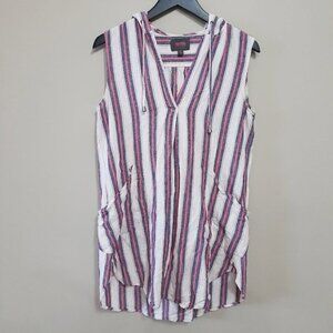 ForCynthia linen blend red & blue wide stripe beach coverup dress hood size S